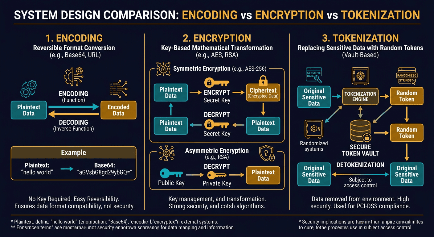 Encoding vs Encryption vs TokenizationEncoding, encryption, and tokenization are three distinct processes that handle data in different ways for various purposes, including data transmission, security, and compliance diagram