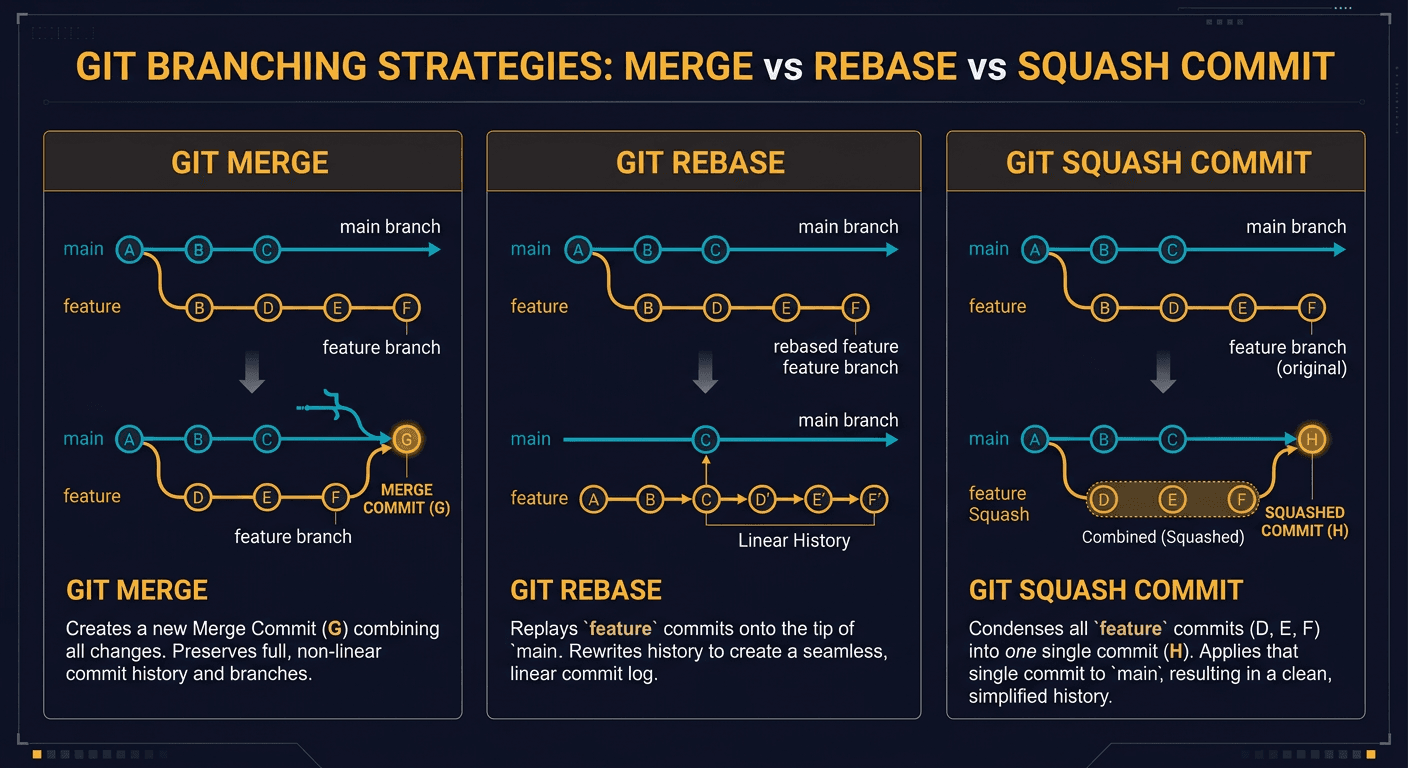 Git Merge vs. Rebase vs.Squash Commit diagram