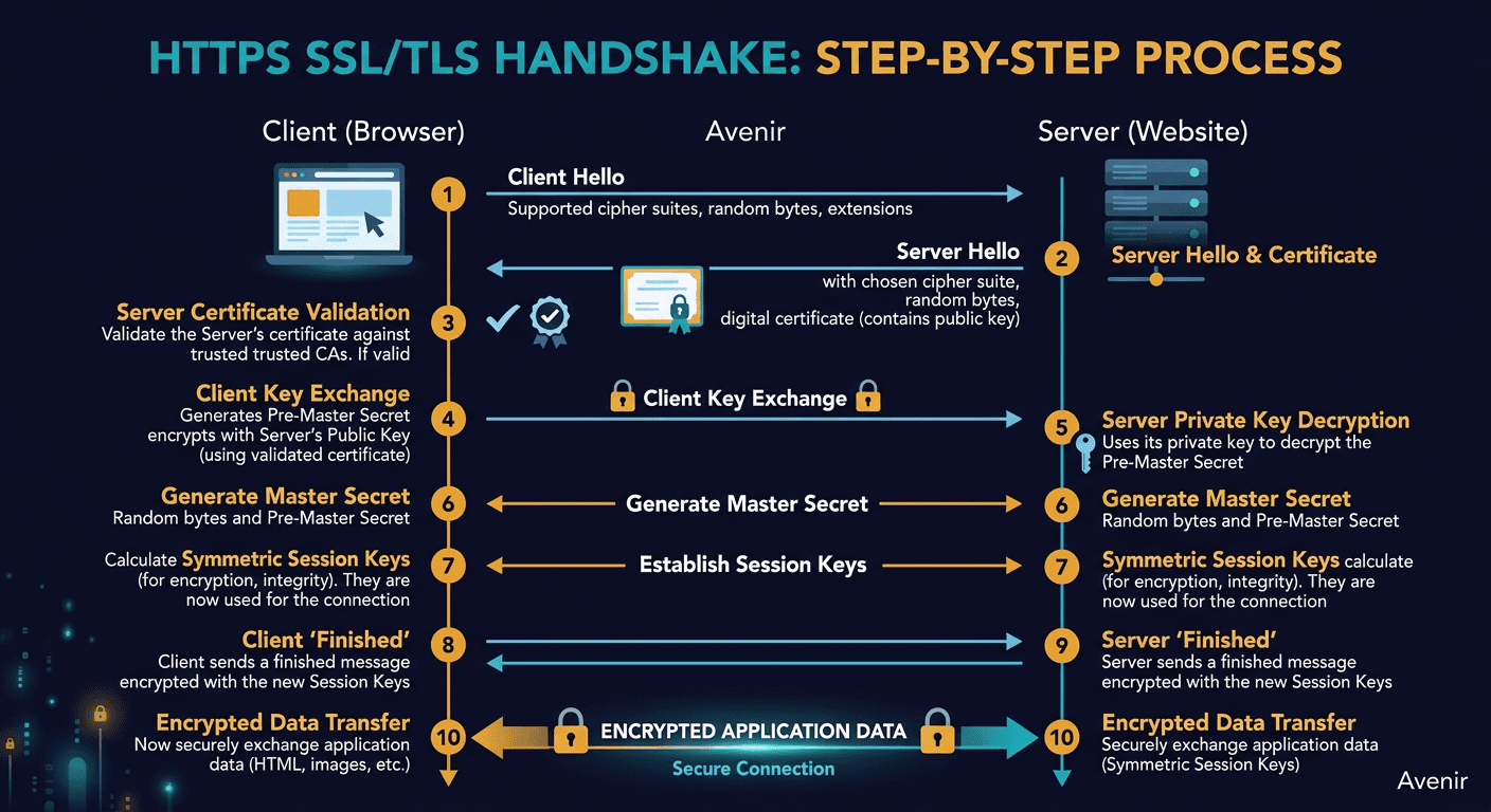 HTTPS, SSL Handshake, and Data Encryption Explained to Kids diagram