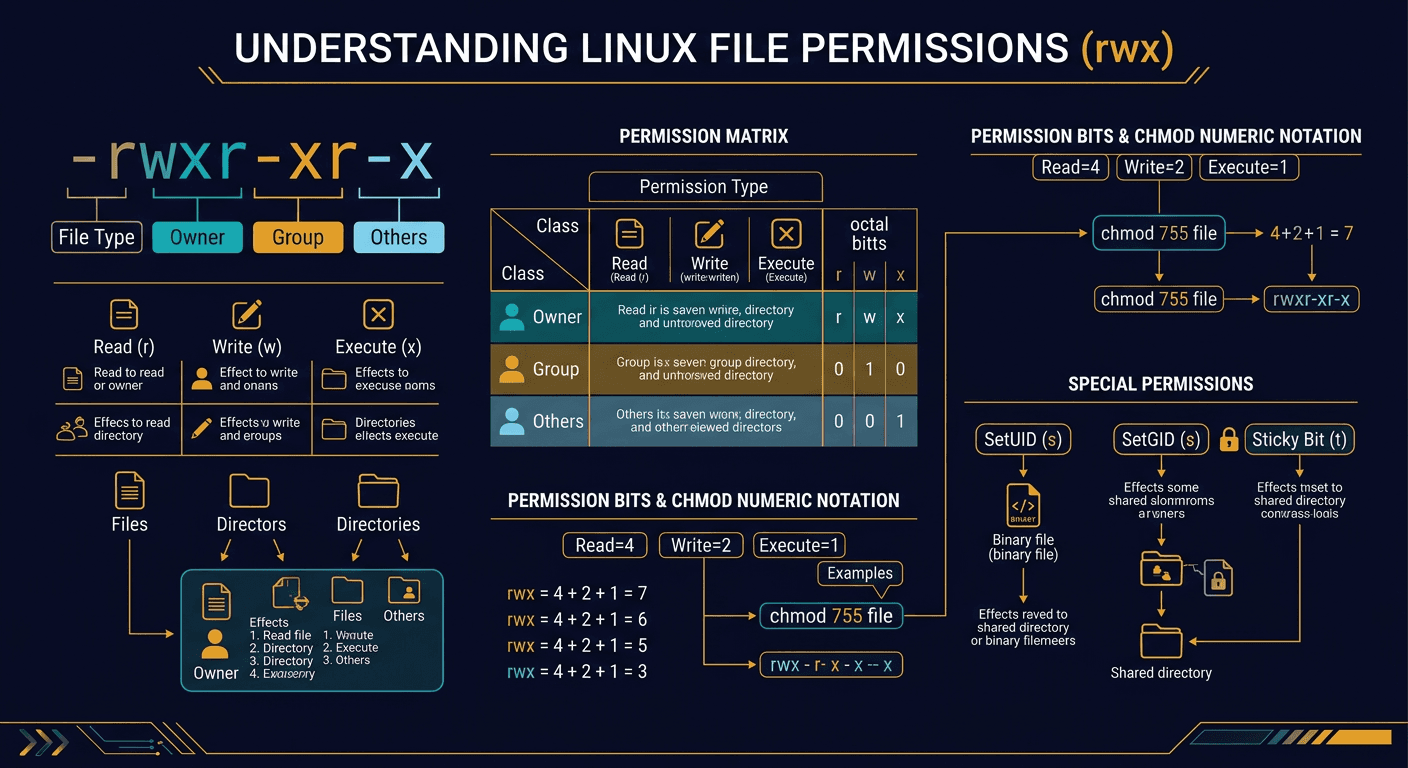 Linux file permission illustratedTo understand Linux file permissions, we need to understand Ownership and Permission diagram