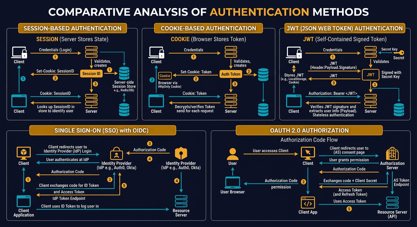Session, Cookie, JWT, Token, SSO, and OAuth 2.0 Explained in One Diagram diagram